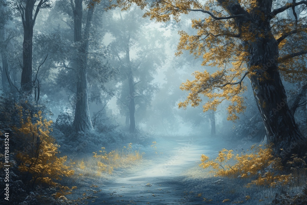 Aufkleber a mystical forest scene featuring a misty pathway surrounded by tall trees and golden foliage, creat