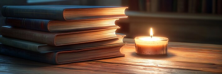 A stack of mystery novels with a candle casting a soft eerie glow on the table