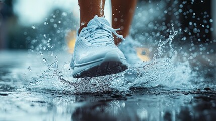 Close-up of sneakers with a splash of water, dynamic and sporty aesthetic