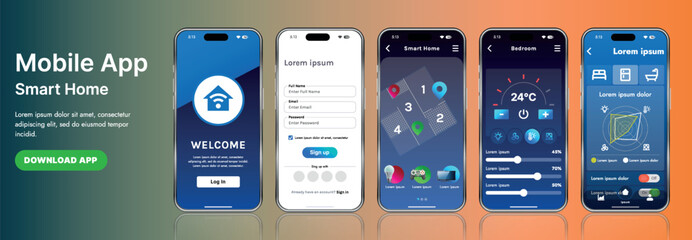 A sleek smart home application interface template featuring modern icons and a gradient design. Includes navigation menus for managing devices, monitoring security, controlling temperature