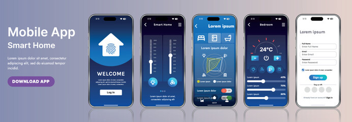 A sleek smart home application interface template featuring modern icons and a gradient design. Includes navigation menus for managing devices, monitoring security, controlling temperature