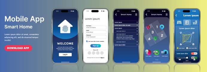 A sleek smart home application interface template featuring modern icons and a gradient design. Includes navigation menus for managing devices, monitoring security, controlling temperature