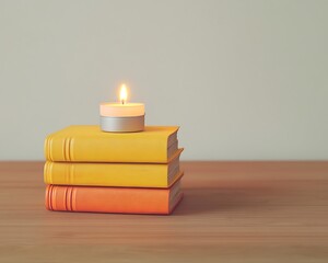 A stack of yellow and orange books on a minimalist wooden desk with a lit candle adding a soft glow to the contemporary space