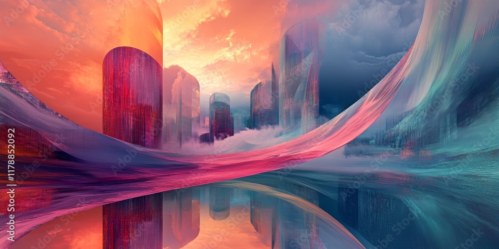 Poster this artistic image features a surreal landscape with distorted forms and vibrant colors, reflecting