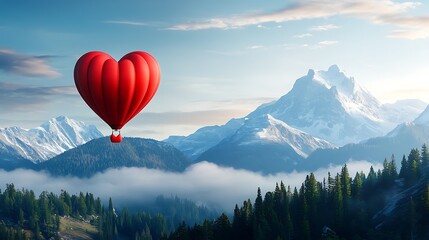 Fototapeta premium Breathtaking scenic view of a majestic mountain range with a heart shaped red hot air balloon drifting gracefully through the ethereal wispy clouds creating a dreamlike and serene atmosphere
