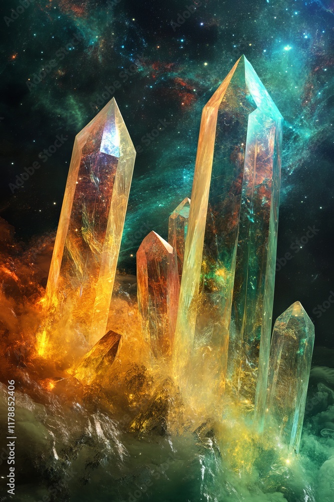 Poster majestic crystal structures rise amidst a colorful nebula, creating a mesmerizing cosmic scene in de