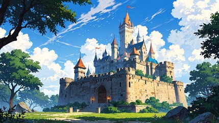Obraz premium Majestic Castle Towering Over a Verdant Landscape Under a Bright Blue Sky With Fluffy Clouds