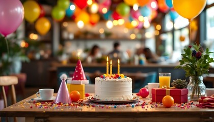 A lively birthday cake with flickering candles, paired with balloons, set against the backdrop of an animated birthday dinner