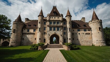 Majestic Castle Towering Over a Verdant Landscape Under a Bright Blue Sky With Fluffy Clouds