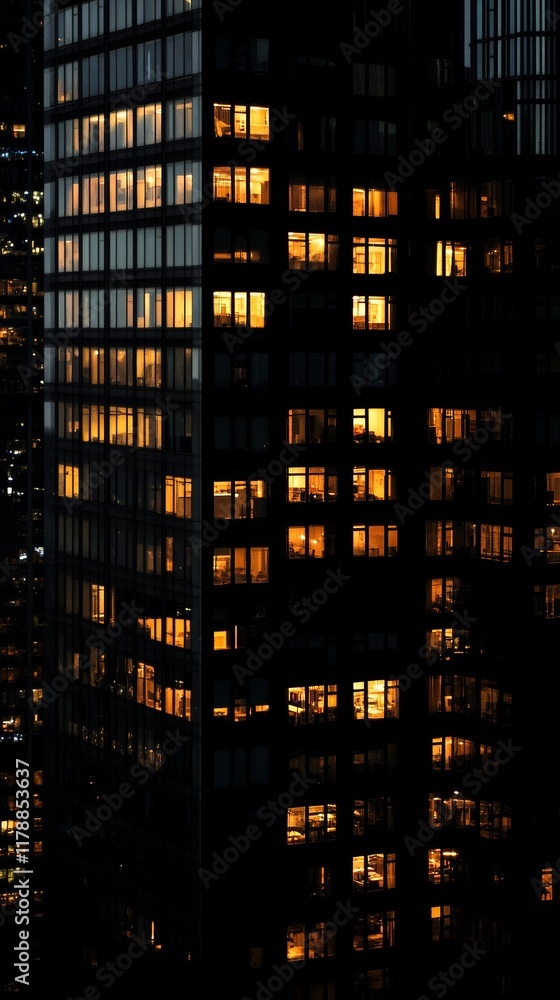 Poster a tall building with many windows is lit up at night. the lights inside the windows create a warm an