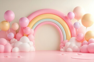 A colorful rainbow with balloons is the main focus of this image