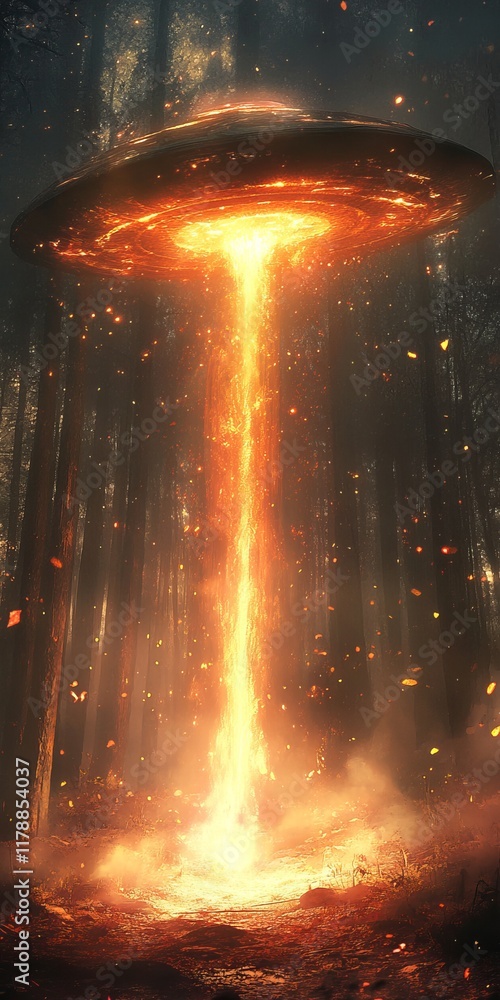 Poster glowing orange object is shooting out of the ground in a forest. the image has a surreal and mysteri