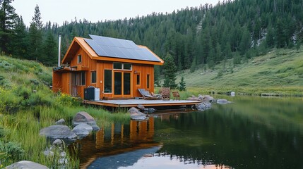 Obraz premium Secluded Lakeside Cabin: Sustainable Mountain Getaway
