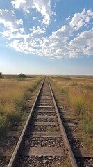 Obraz premium This image captures a serene view of empty railroad tracks stretching towards a vast, open sky, surrounded by golden grass and scattered clouds, evoking a sense of adventure.
