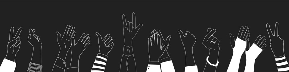 Doodle sketch hands up gestures comic icons silhouettes vector set. Group of line art fun comic hands in the air. Voting or happy congratulation audience recognition symbols.