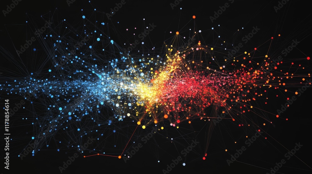 Poster explore a vibrant, abstract visualization of interconnected data nodes, showcasing a stunning color 