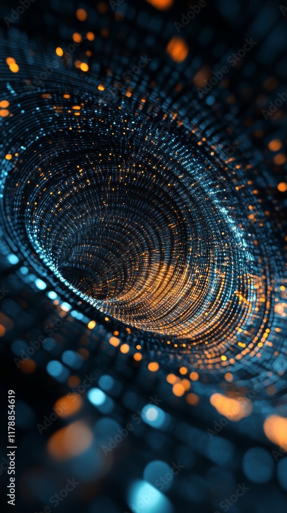 Poster an imaginative abstract depiction of a digital tunnel swirling with vibrant blue and orange light, s