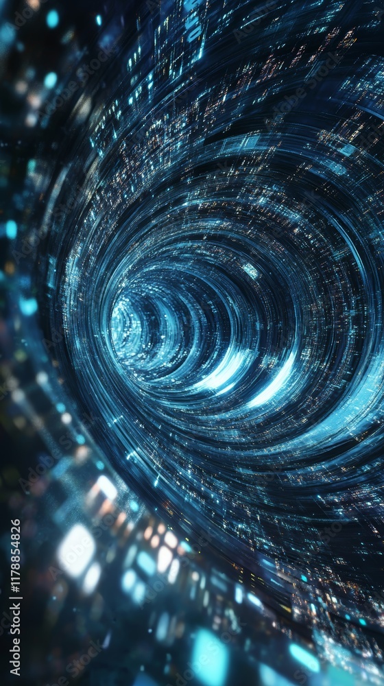 Poster explore a surreal representation of flowing data streams within a dynamic network design, showcasing