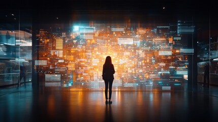 Immersive digital experience showcasing multidimensional data flows modern gallery interactive installation urban space eye-level view futuristic concept