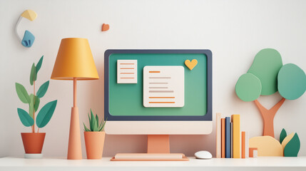 minimalist paper cut style workspace featuring computer, plants, books, and decor in soft pastel colors, evoking creativity and calmness