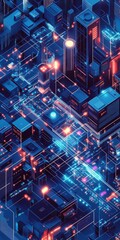 Explore a captivating isometric graphic showcasing a futuristic urban landscape illuminated by vibrant digital data streams.
