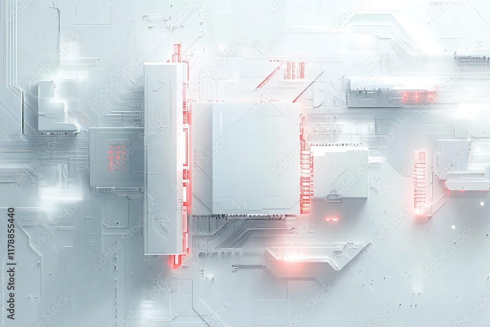 Poster computer chip is shown in red and white. the image is abstract and futuristic, with a sense of techn