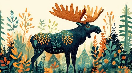 Majestic moose standing in a serene forest clearing, surrounded by tall trees and natural wilderness, background image style book illustration