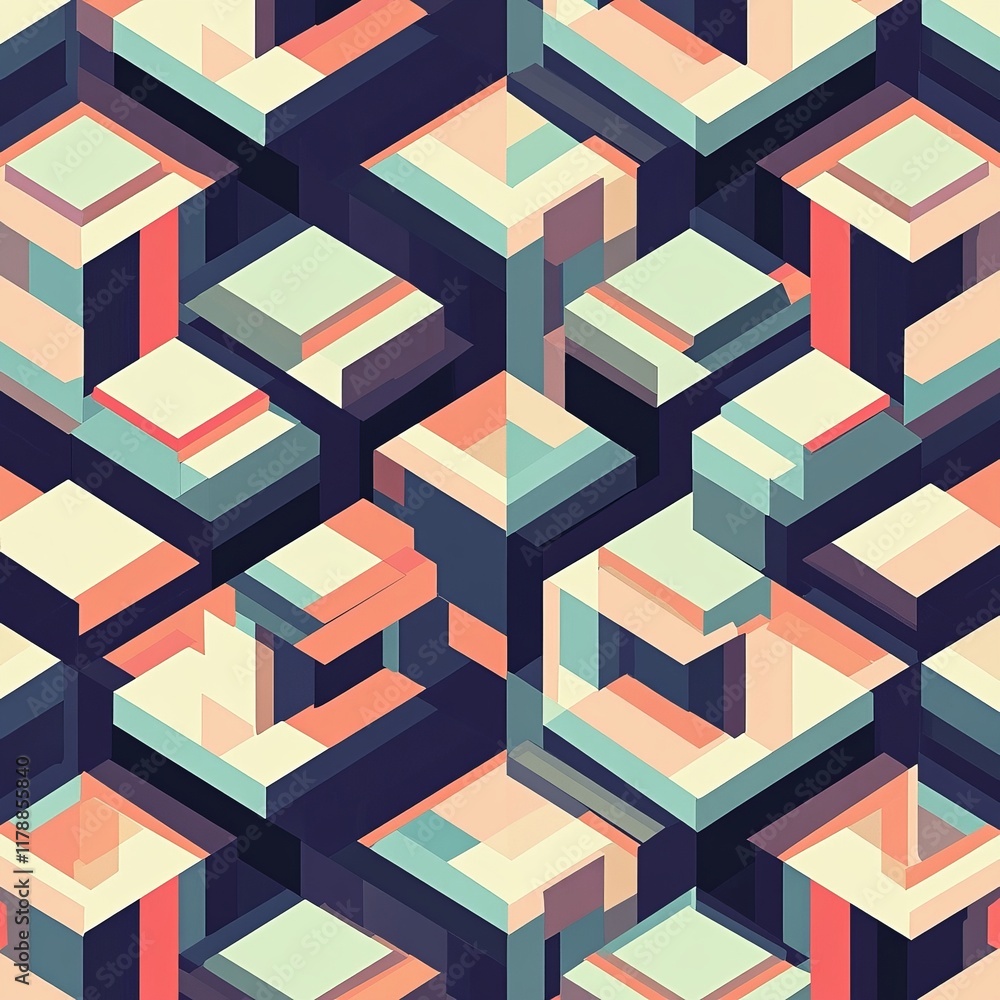 Poster colorful abstract geometric pattern with 3d effect, ideal for backgrounds and design projects.