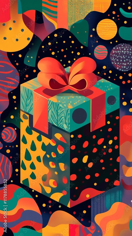 Aufkleber a colorful abstract illustration of a gift box with a bow, surrounded by dynamic patterns and shapes