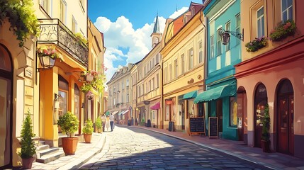 Charming European Street Scene: A Sunny Day in a Quaint Town