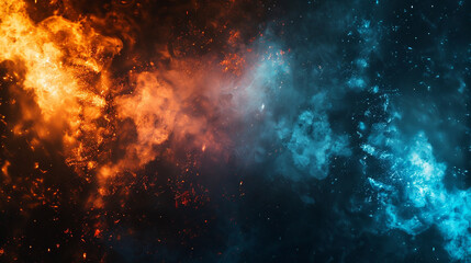 A dark grainy background with vibrant orange and blue glowing abstract shapes. Black noise texture adds depth, creating a striking wide banner or poster design for a modern, edgy look.
