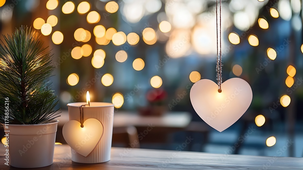 Aufkleber cozy and intimate cafe setting with heart shaped fairy lights hanging from the ceiling creating a wa