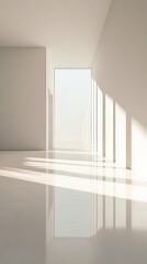 Fototapeta premium A minimalist interior showcasing a spacious design with ample natural light, soft reflections, and elegant lines. Ideal for modern architectural themes.