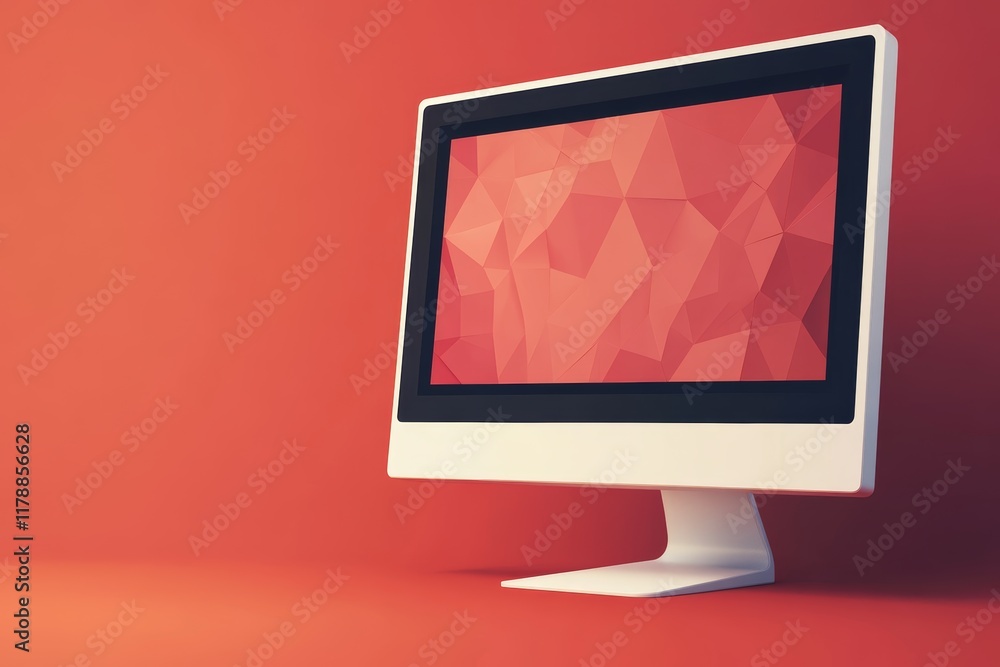 Poster a computer monitor with a red background. the monitor is turned on and the screen is black. the red 