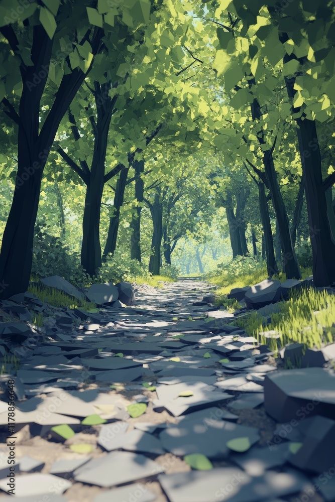 Poster a forest path with trees and rocks. the path is overgrown with grass and leaves