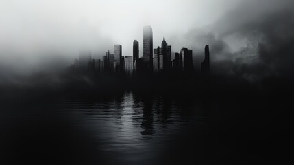 A foggy city skyline with skyscrapers emerging from the mist, reflected in calm water, creating a mysterious and atmospheric scene.
