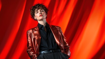 The model exudes confidence in a dynamic scene, wearing a layered ensemble of silk, leather, and cotton. The contrasting fabrics create interesting silhouettes and movement, enhanced by strategic