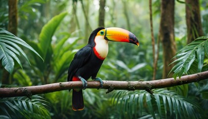 Naklejka premium Colorful toucan perched on branch in lush tropical rainforest.