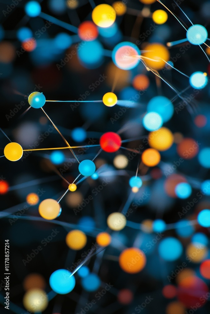 Poster abstract network of colorful data points in a structured digital layout with vibrant connections
