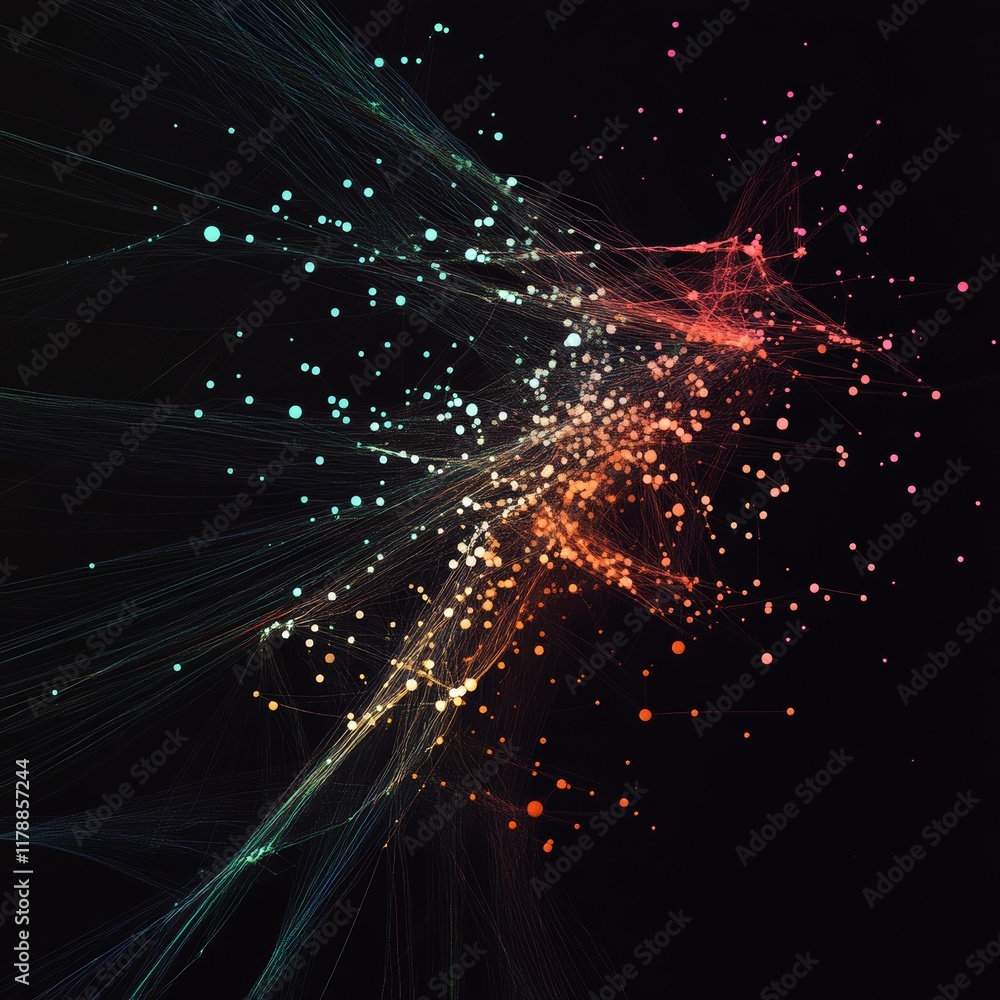Poster abstract network visualization with colorful nodes on a dark background for data analysis and concep