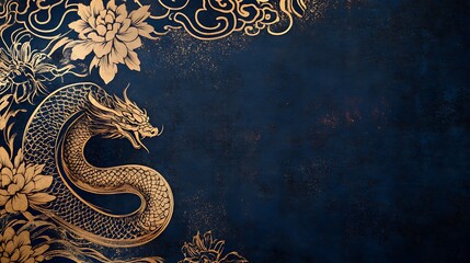 Golden Dragon and Floral Elegance: A Luxurious Dark Blue Asian-Inspired Design