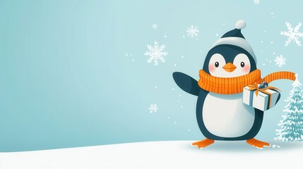 Cute Cartoon Penguin in Winter Scarf Holding Gift with Snowflakes