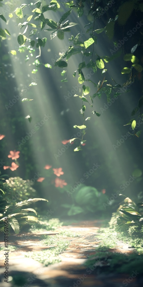 Aufkleber experience a tranquil nature scene with gentle light rays filtering through lush greenery. this calm