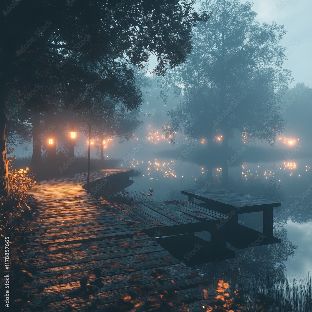 Poster a serene lakeside pathway illuminated by soft glowing lanterns, surrounded by misty trees and calm w