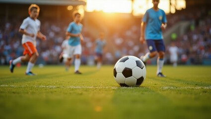 Obraz premium Young kids colorful sportswear playing soccer football match on green grass field in stadium with sunlight background for youth activity training competition event