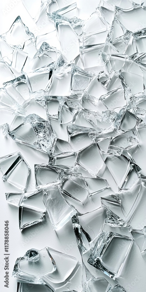 Poster close-up of broken glass shards scattered on a white surface, forming abstract patterns with light r