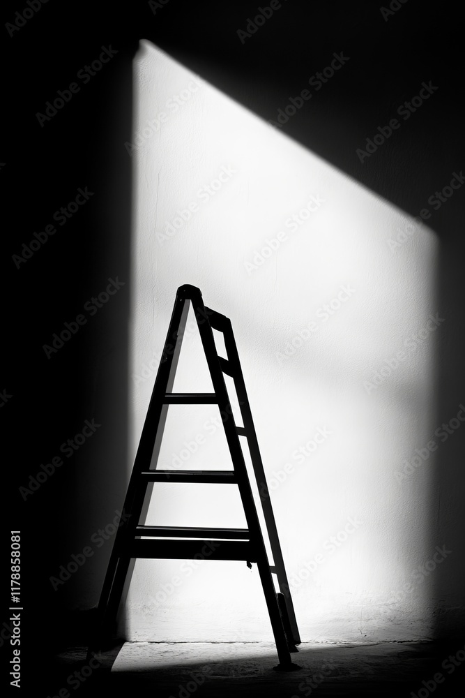 Poster a minimalist black and white image featuring a ladder casting shadows in a sunlit room, creating geo