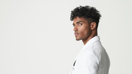 Confident young doctor in white coat looking sideways