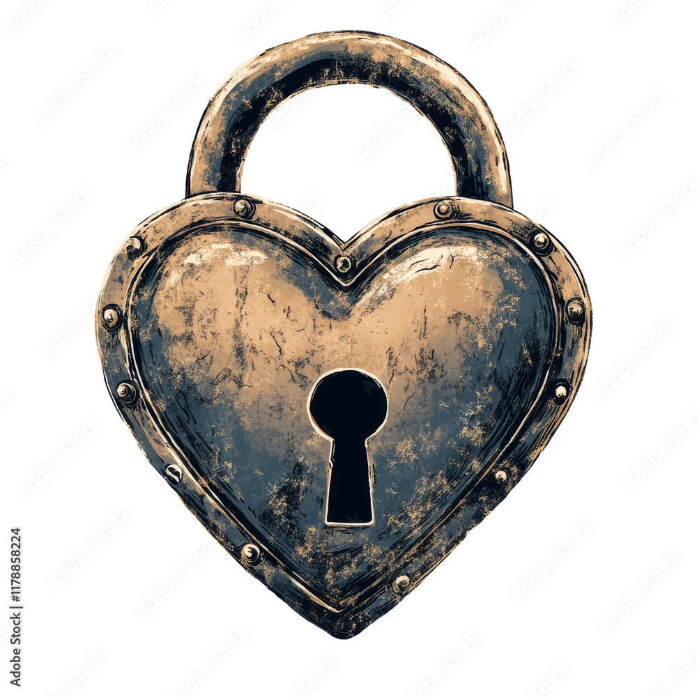 Poster a digitally painted illustration depicts a heart shaped padlock with a distressed metallic texture s