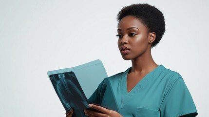 Obraz premium Focused doctor analyzing chest X-ray on white background